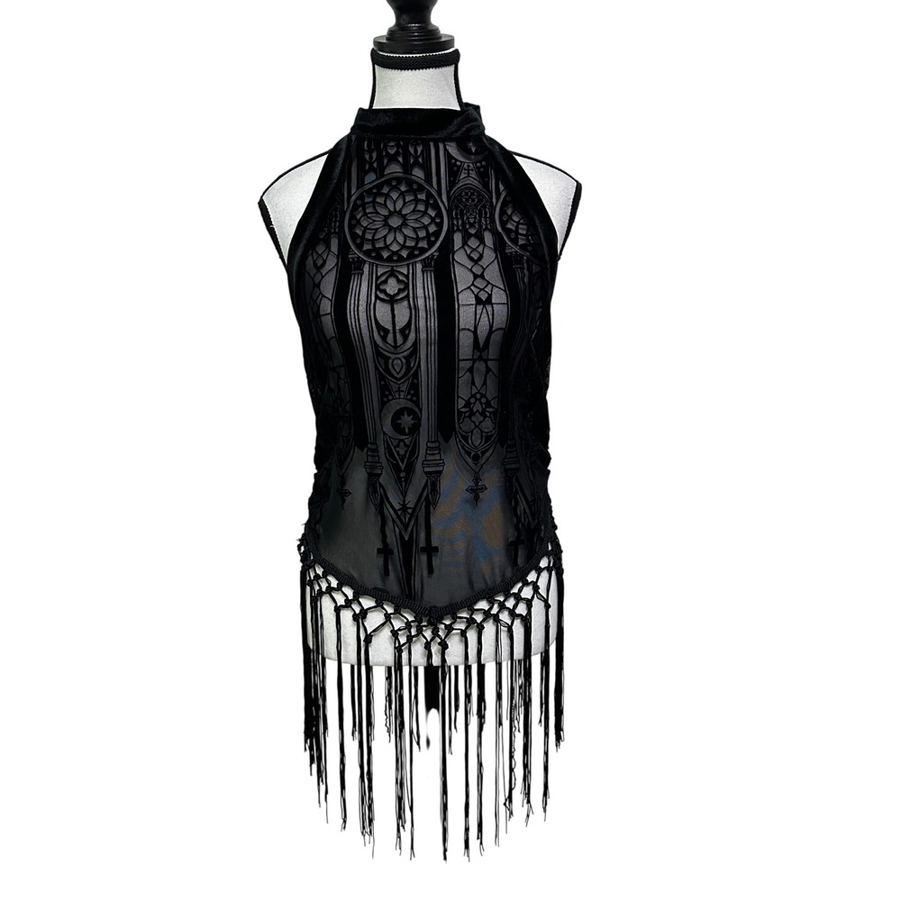 Romwe Gothic Burnout Velvet Halter Top Women XL Fringe Whimsigoth Dark Romantic